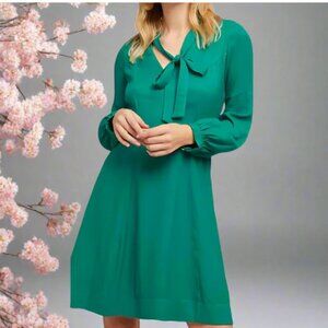 Anthropologie Fit and Flare Dress 10 Green Bow Tie Long Sleeve V-Neck A-Line